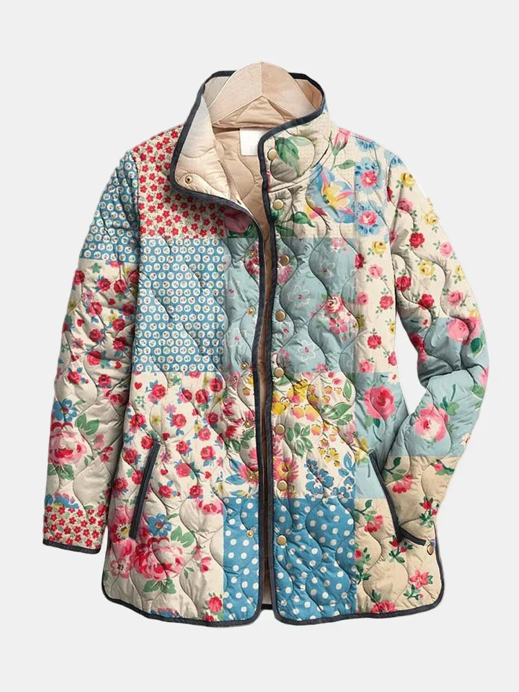 Multicolor floral quilted lightweight women's jacket, full zip, stand collar