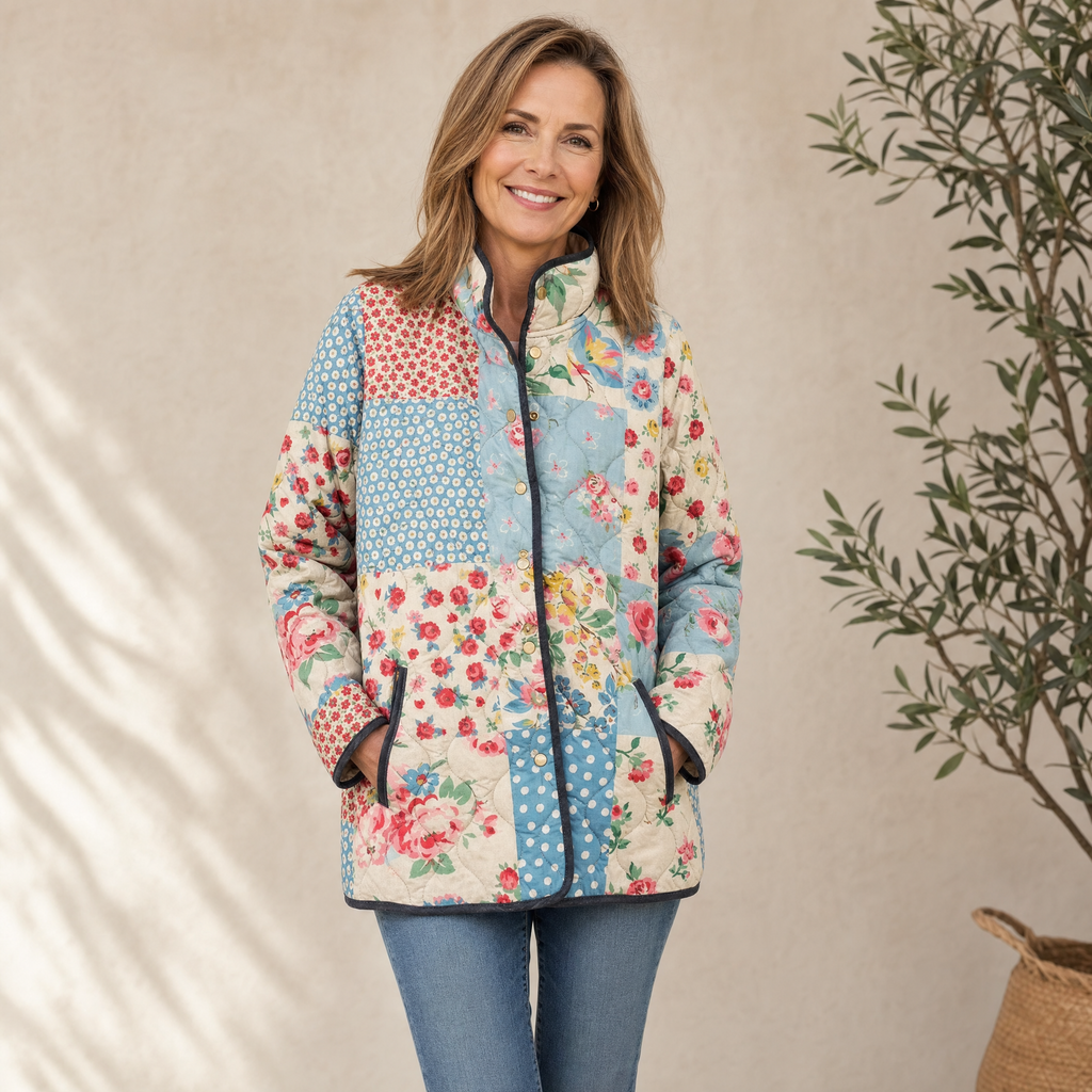 Multicolor floral quilted jacket with full-length zipper and stand collar on model