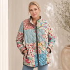 Multicolor floral quilted lightweight jacket with stand collar and zip front, model
