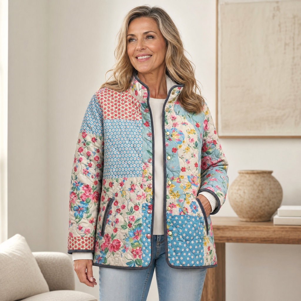 Multicolor patchwork floral quilted jacket with zip front and side pockets