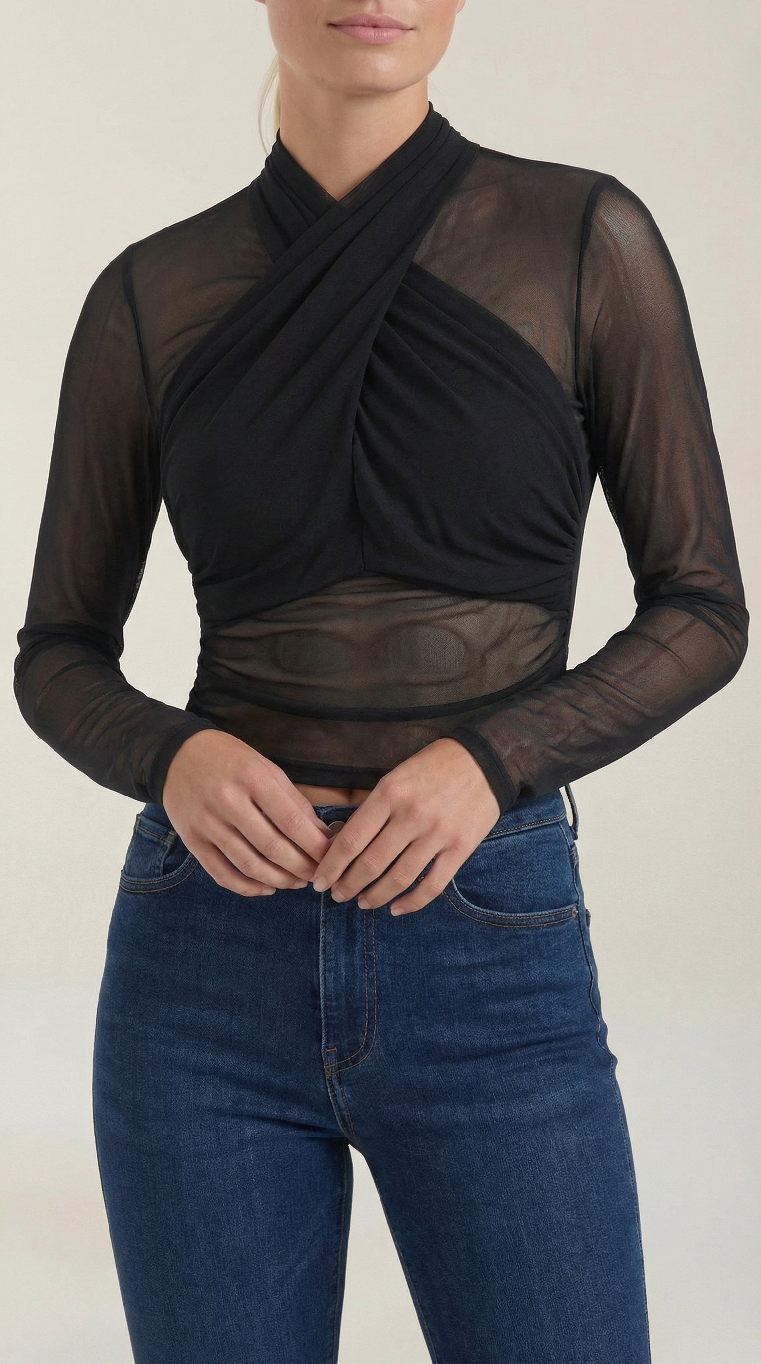 Sheer wrap mesh top in dark black, high cross neckline and gathered waist