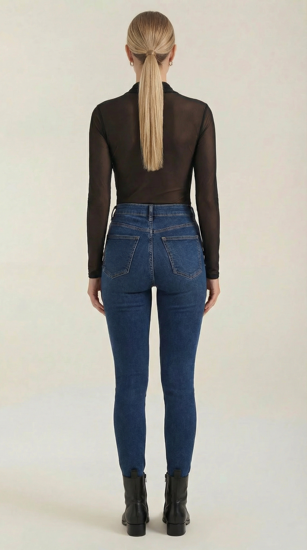 Sheer wrap mesh top in dark black, full-length back view with long sheer sleeves
