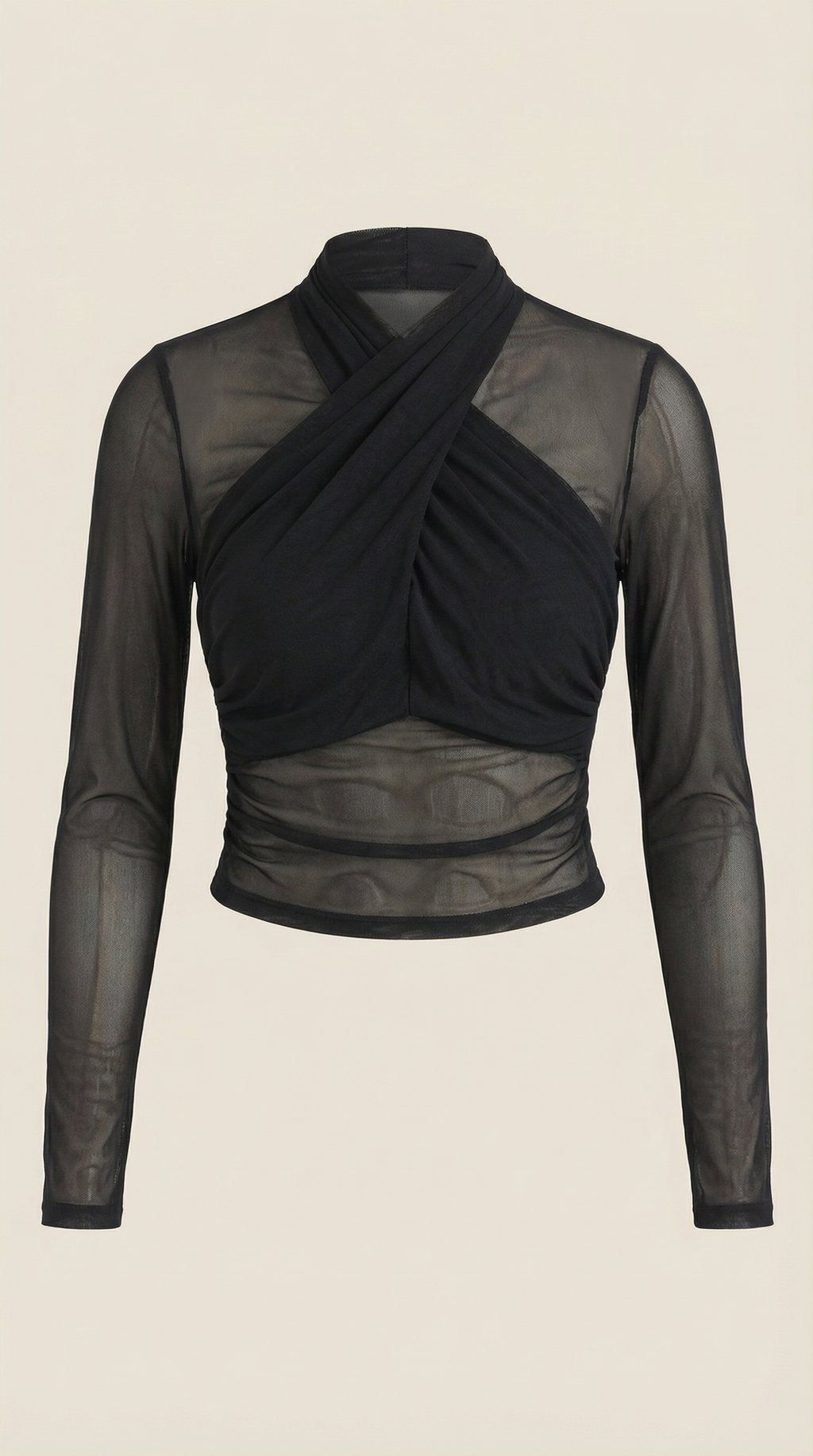 Sheer wrap mesh top in dark black, long sleeves and wrap front design