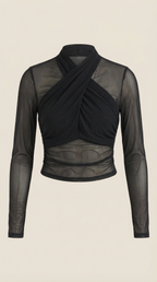 Sheer wrap mesh top in dark black, long sleeves and wrap front design