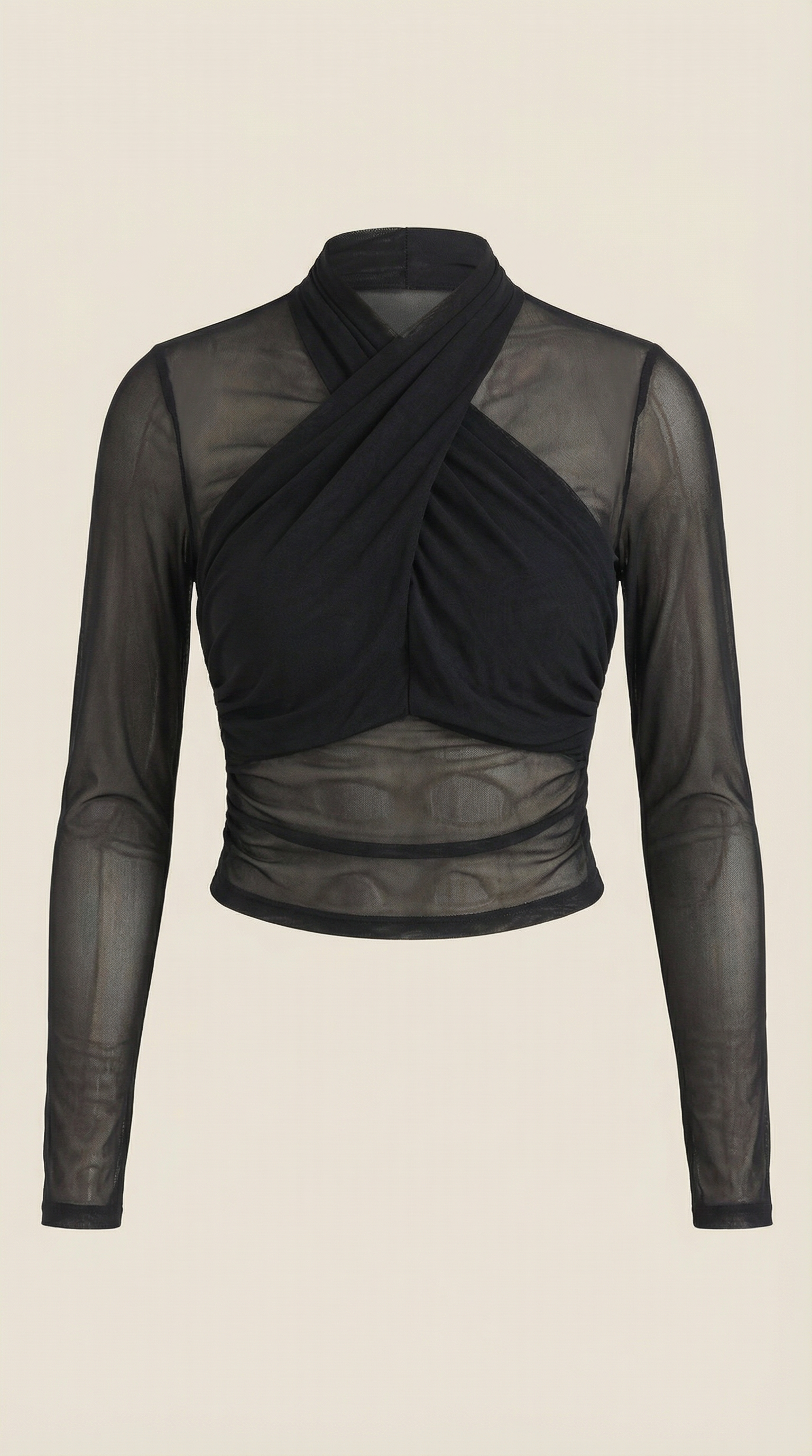 Sheer wrap mesh top in dark black, long sleeves and wrap front design