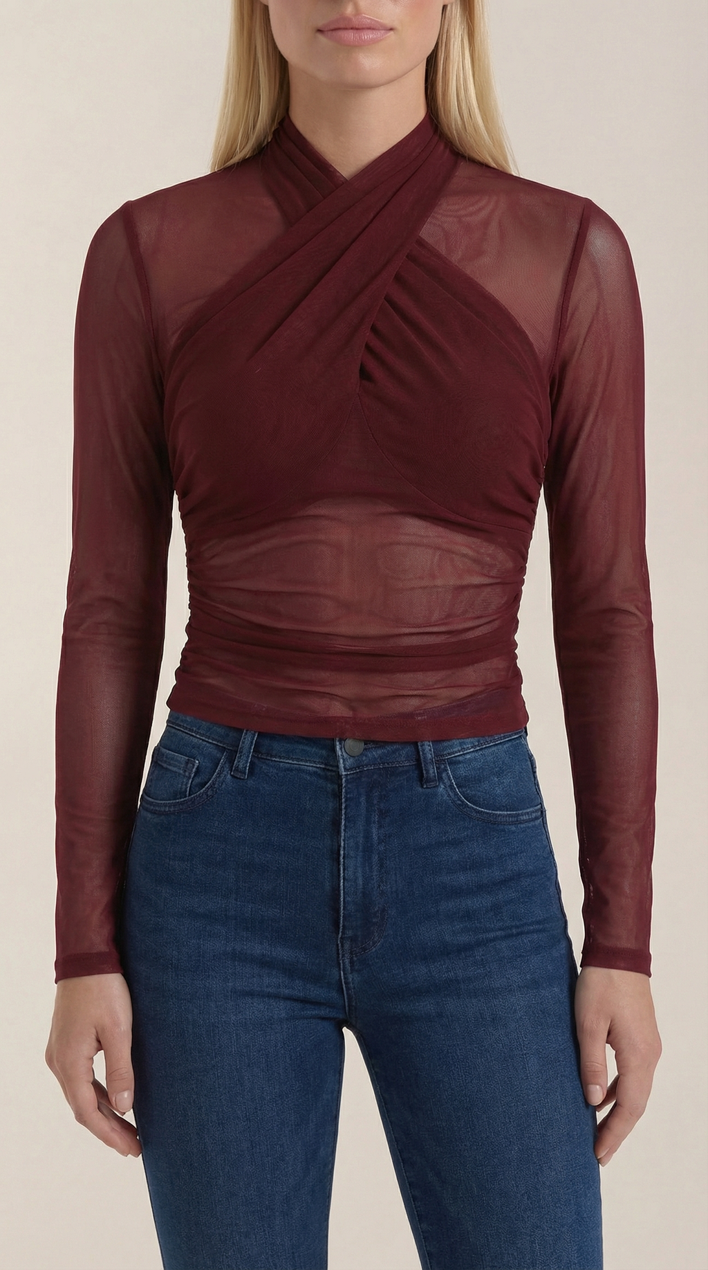 Sheer wrap mesh top in burgundy, cross neckline with ruched waist and long sleeves