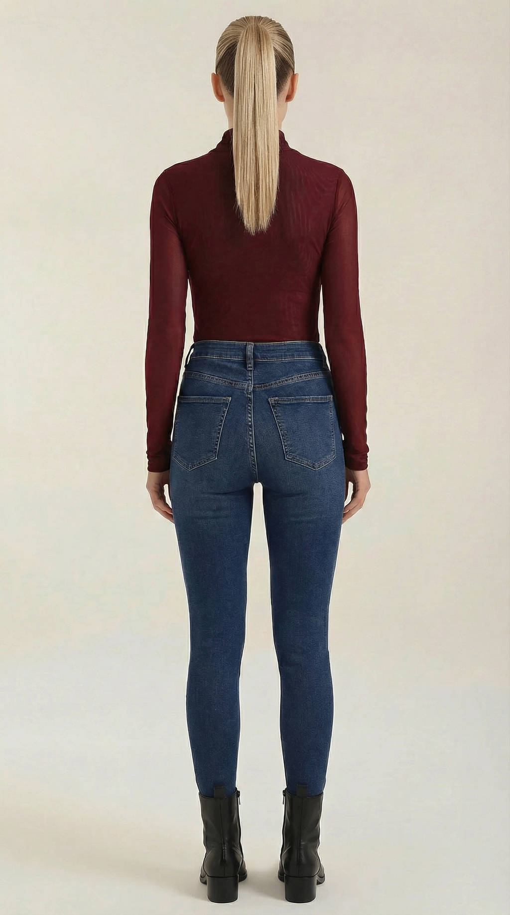 Sheer wrap mesh top in burgundy, full back view with long sheer sleeves