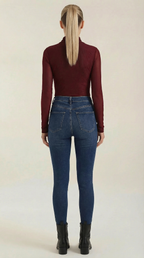 Sheer wrap mesh top in burgundy, full back view with long sheer sleeves