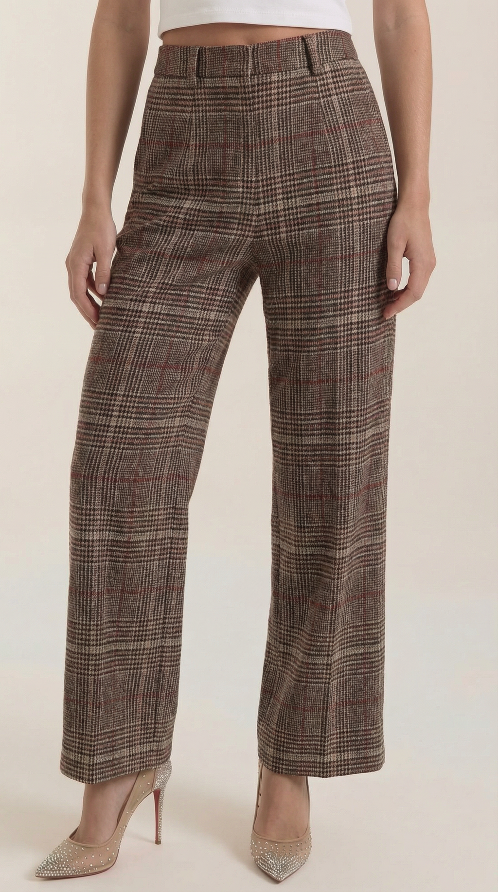 Brown plaid high-waisted wide-leg trousers, front close-up