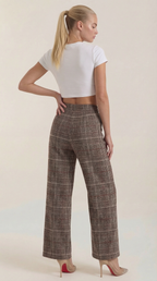 Brown plaid high-waisted wide-leg trousers, back view