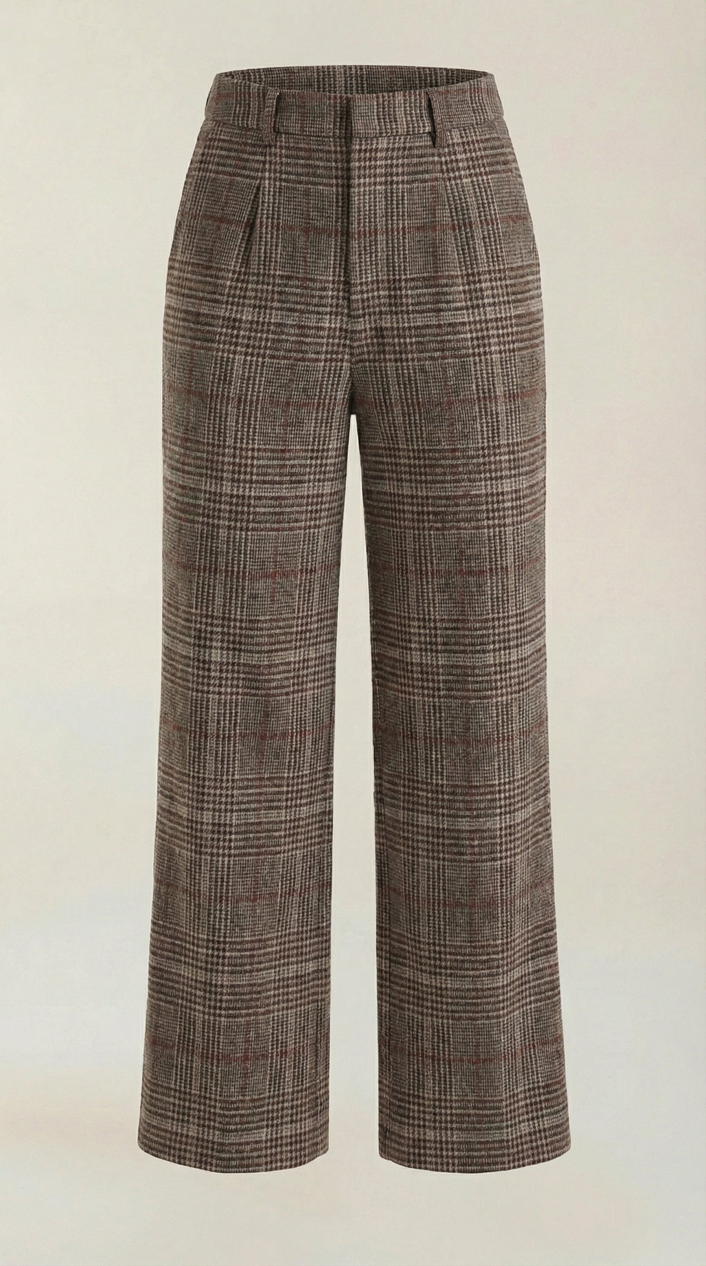 Brown plaid high-waisted wide-leg trousers, full back view