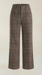 Brown plaid high-waisted wide-leg trousers, full back view