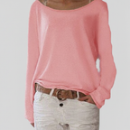 Light pink boat-neck knit sweater, long sleeves with relaxed draped fit