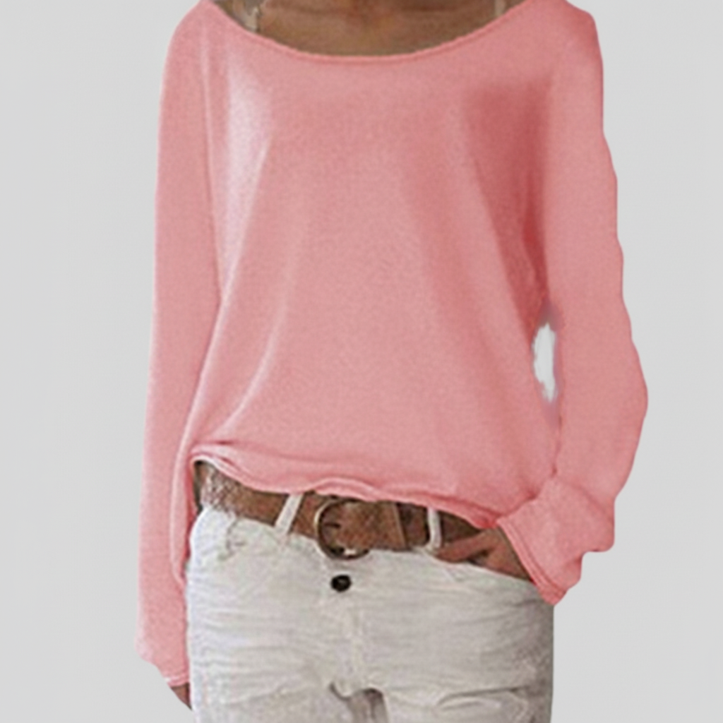 Light pink boat-neck knit sweater, long sleeves with relaxed draped fit