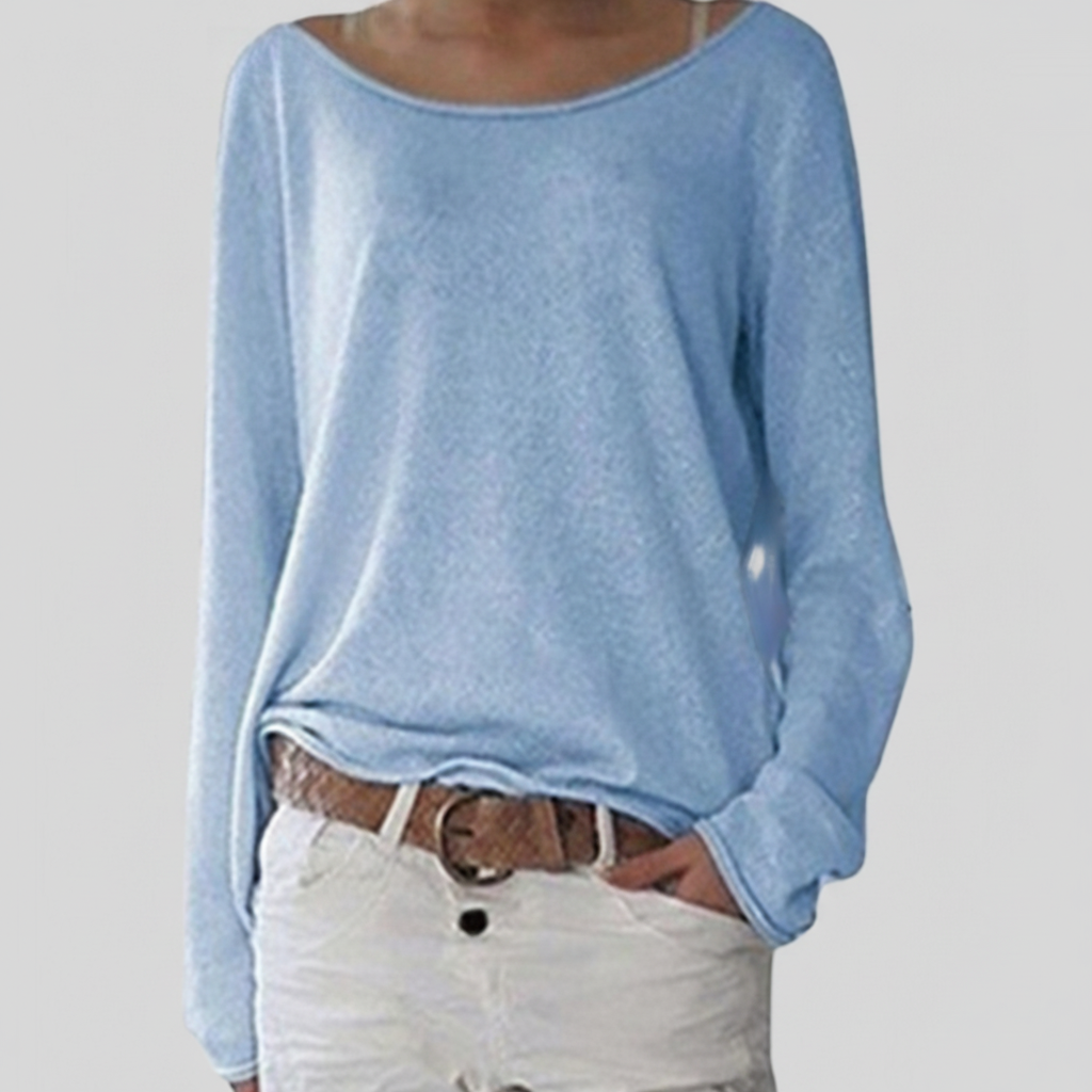 Light blue boat-neck knit sweater with long sleeves and relaxed draped fit