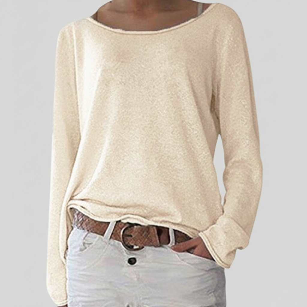 Beige boat-neck knit sweater, long sleeves, relaxed draped fit