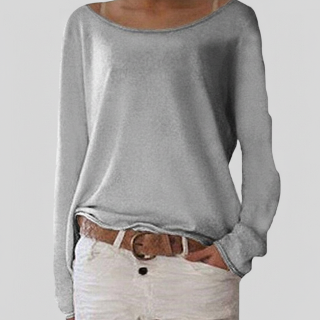 Grey boat-neck knit sweater with long sleeves and relaxed draped fit
