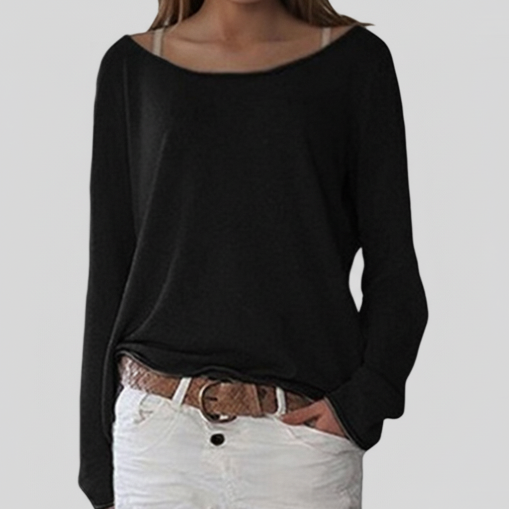 Black boat-neck knit sweater, long sleeves with relaxed draped fit
