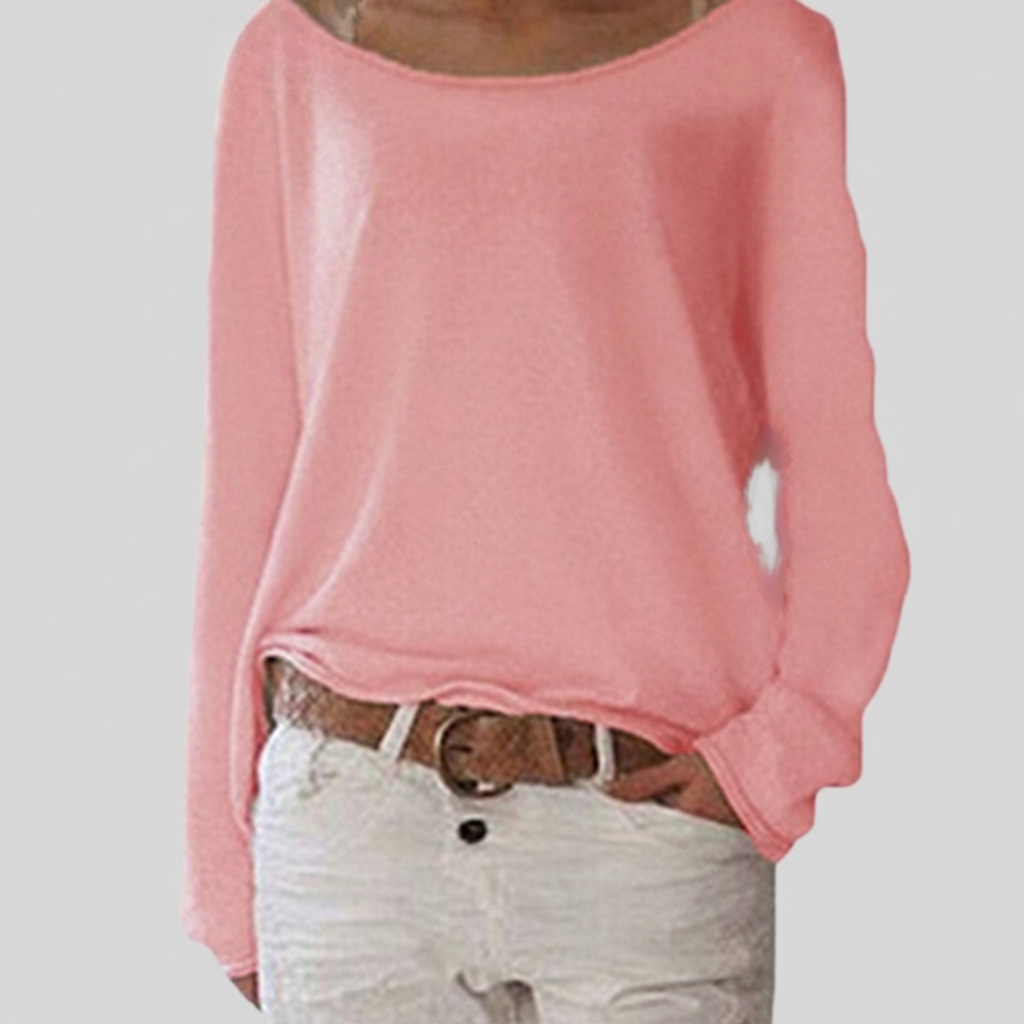 Light pink boat-neck knit sweater with long sleeves and relaxed draped fit