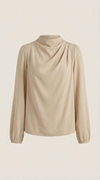 Beige draped long-sleeve blouse with cowl neckline, gathered shoulders