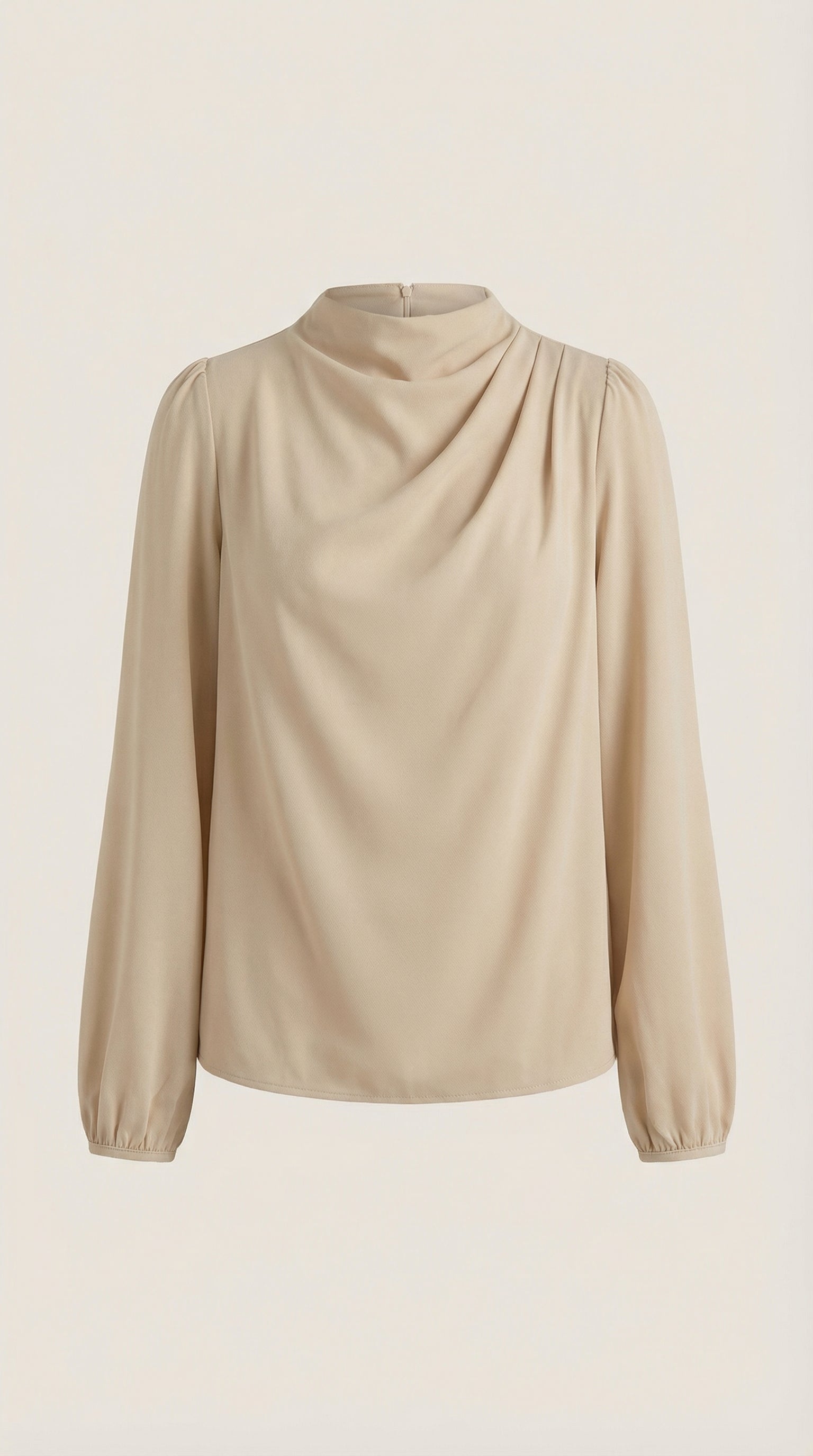 Beige draped long-sleeve blouse with cowl neckline, gathered shoulders