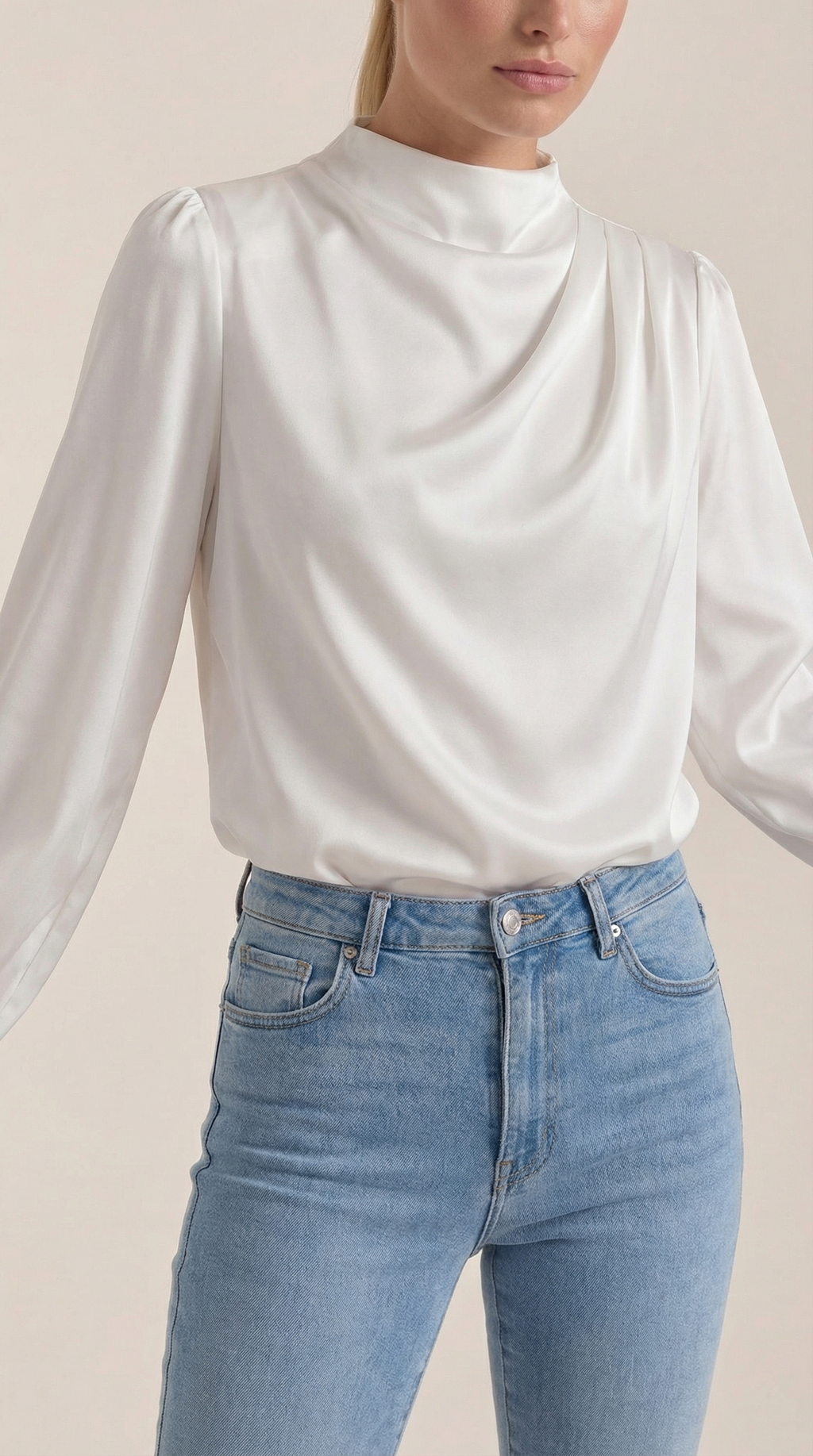 White draped long-sleeve blouse with cowl neckline and soft drape