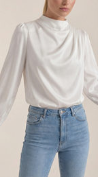White draped long-sleeve blouse with cowl neckline and soft drape