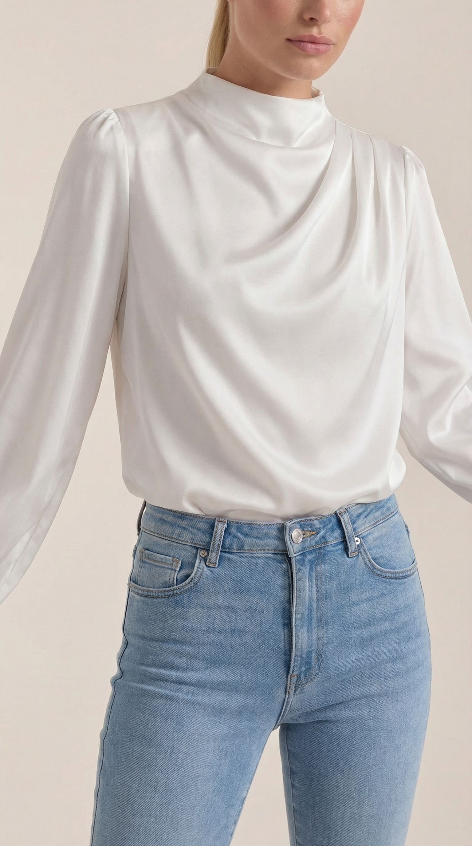 White draped long-sleeve blouse with cowl neckline and soft drape