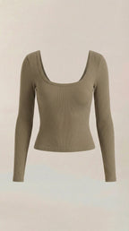Olive scoop neck long sleeve top, flat lay front