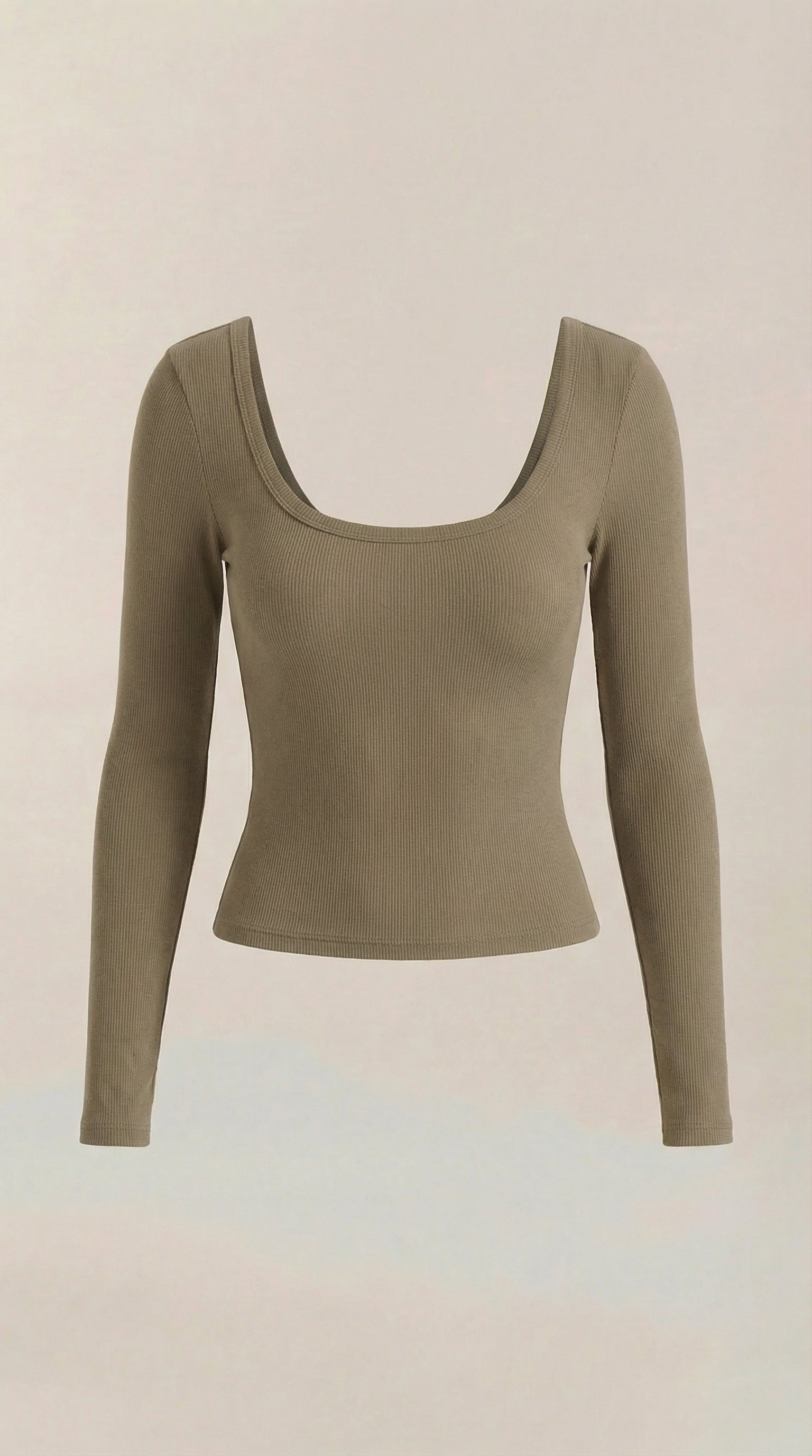 Olive scoop neck long sleeve top, flat lay front