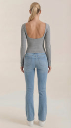 Gray scoop neck long sleeve top, back view