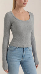 Women's scoop neck long sleeve top, light gray ribbed knit