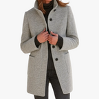 Light gray wool-blend coat with stand collar, button front, patch pockets