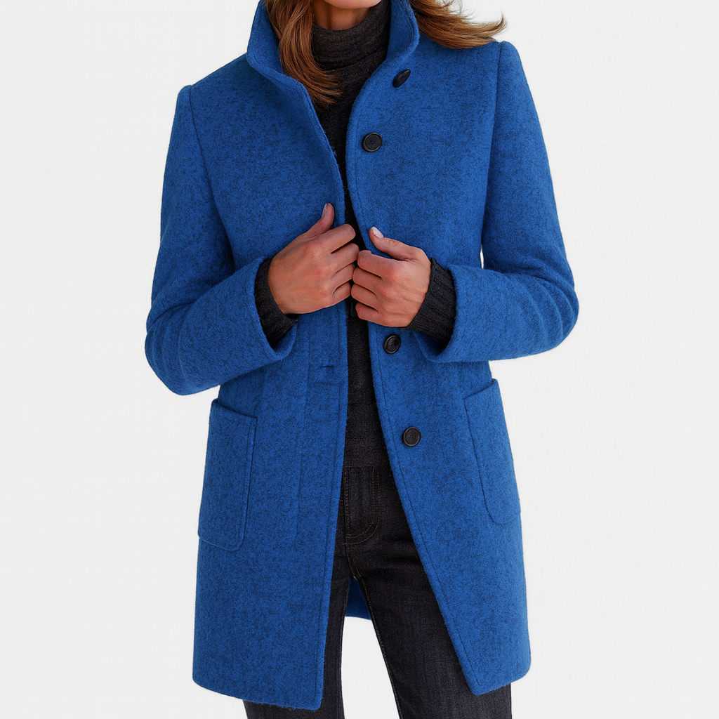 Royal blue wool-blend coat with stand collar, button front, patch pockets
