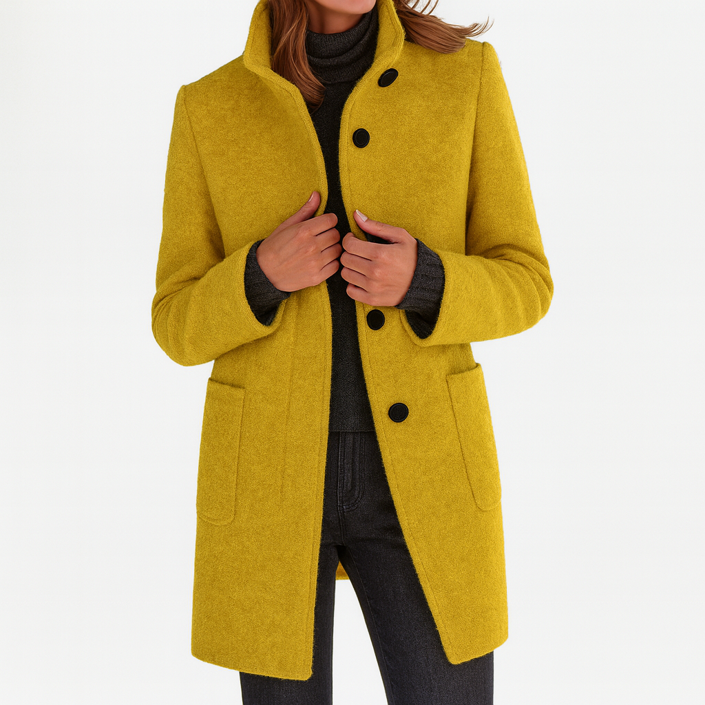 Women's mid-length wool blend coat with stand collar, button front, patch pockets, mustard