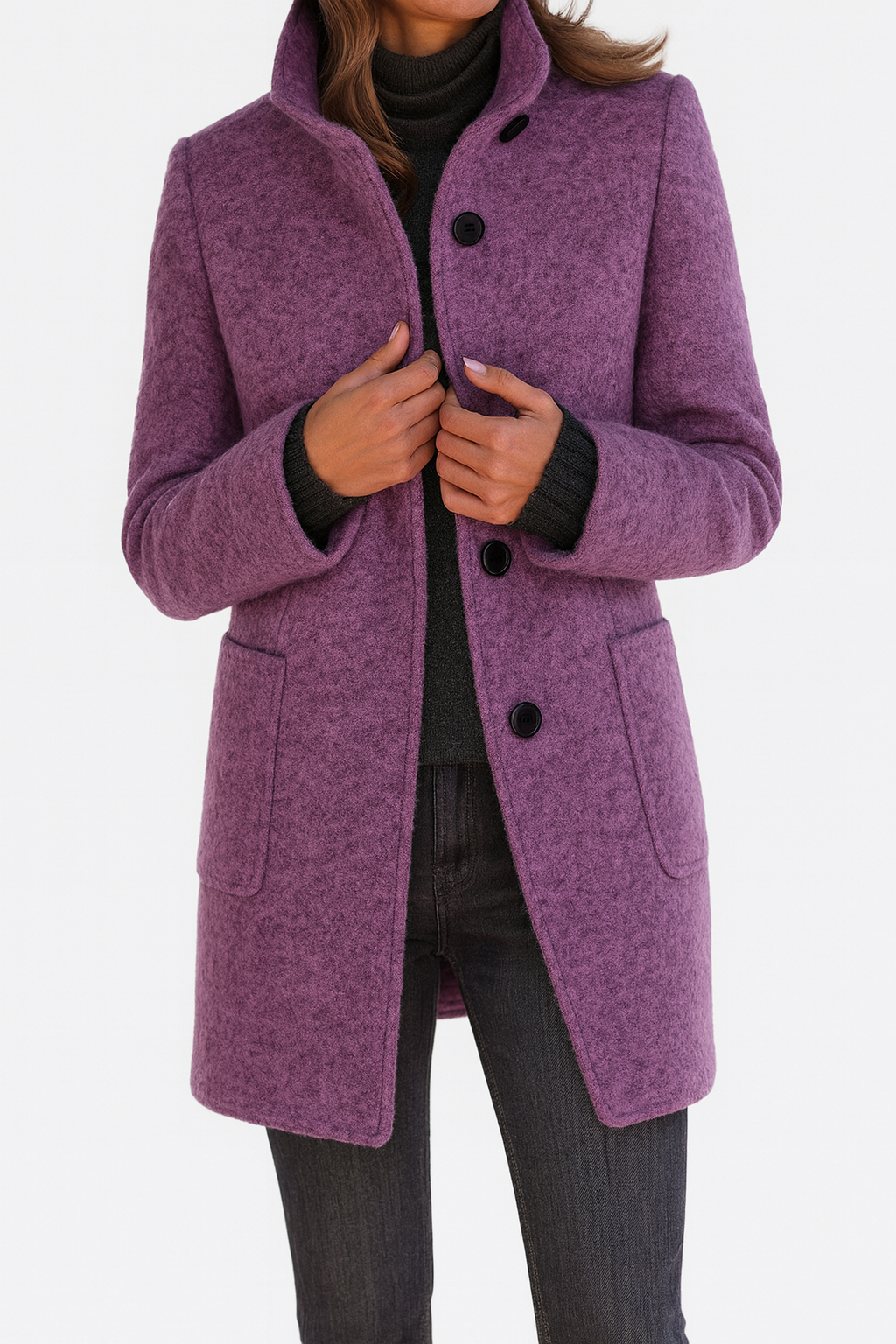 Purple wool-blend coat with stand collar, button front, patch pockets