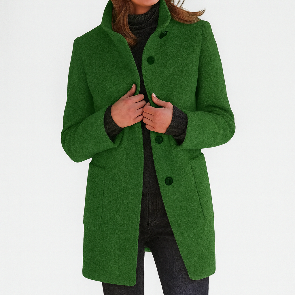 Green wool-blend coat with stand collar, button front, patch pockets