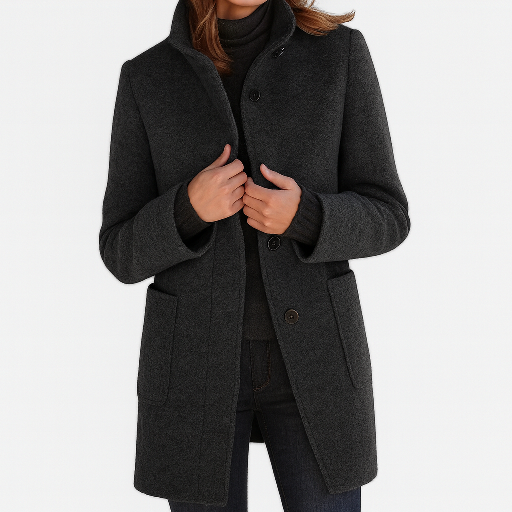 Charcoal wool-blend coat with stand collar, button front, patch pockets
