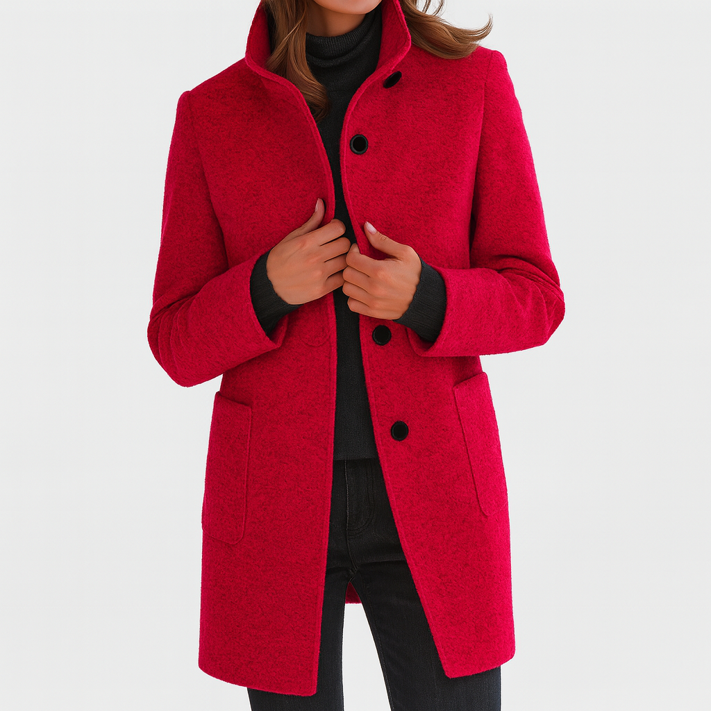 Red wool-blend coat with stand collar, button front, patch pockets