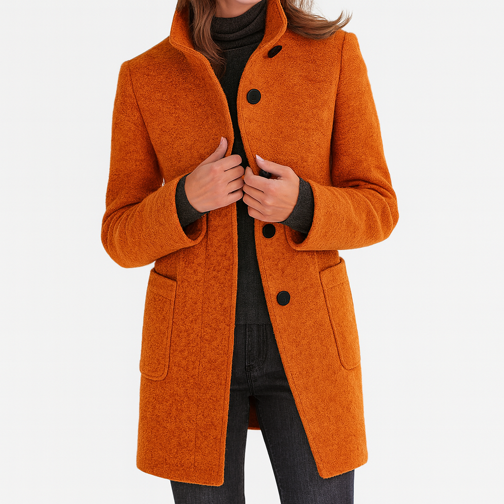 Rust orange wool-blend coat with stand collar, button front, patch pockets
