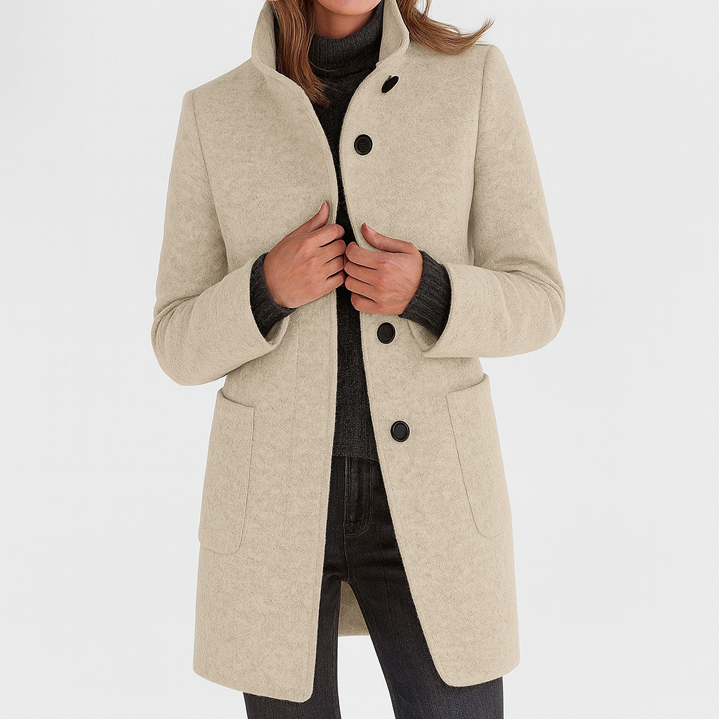 Beige wool-blend coat with stand collar, button front, patch pockets