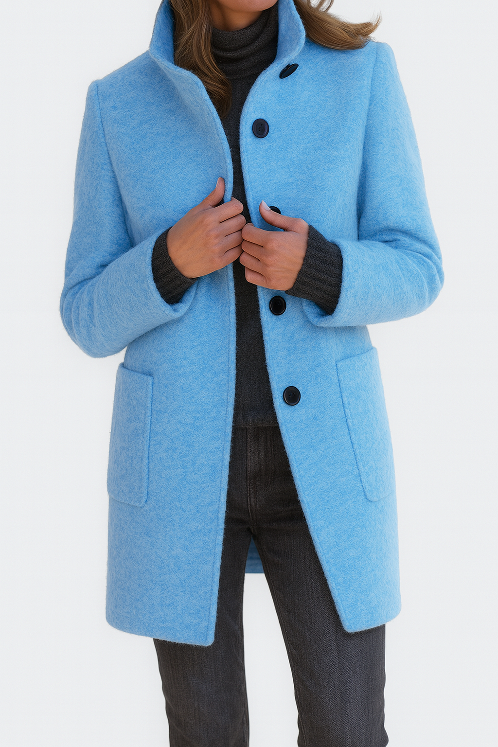 Light blue wool-blend coat with stand collar, button front, patch pockets