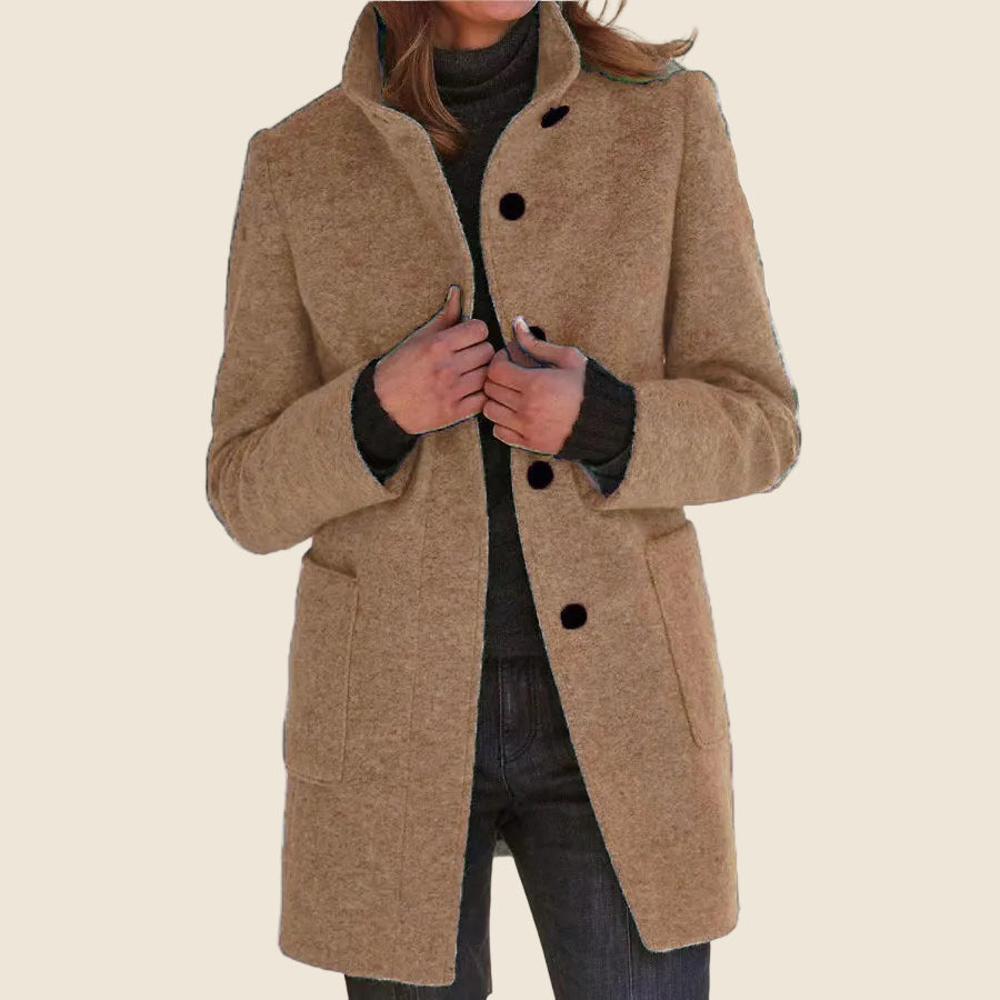 Camel brown wool-blend coat with stand collar, button front, patch pockets