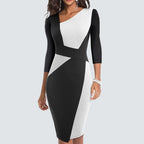 Women’s midi dress, angled neckline with black-and-white sculpted panel, 3/4 sleeves.