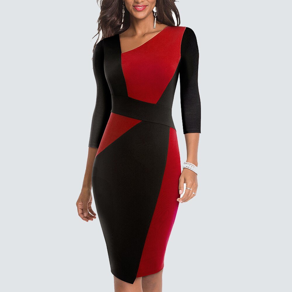 Women’s midi dress, angled neckline with black-and-red sculpted panel, 3/4 sleeves.