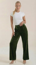 Dark green velvet wide-leg pants with elastic waist and relaxed fit