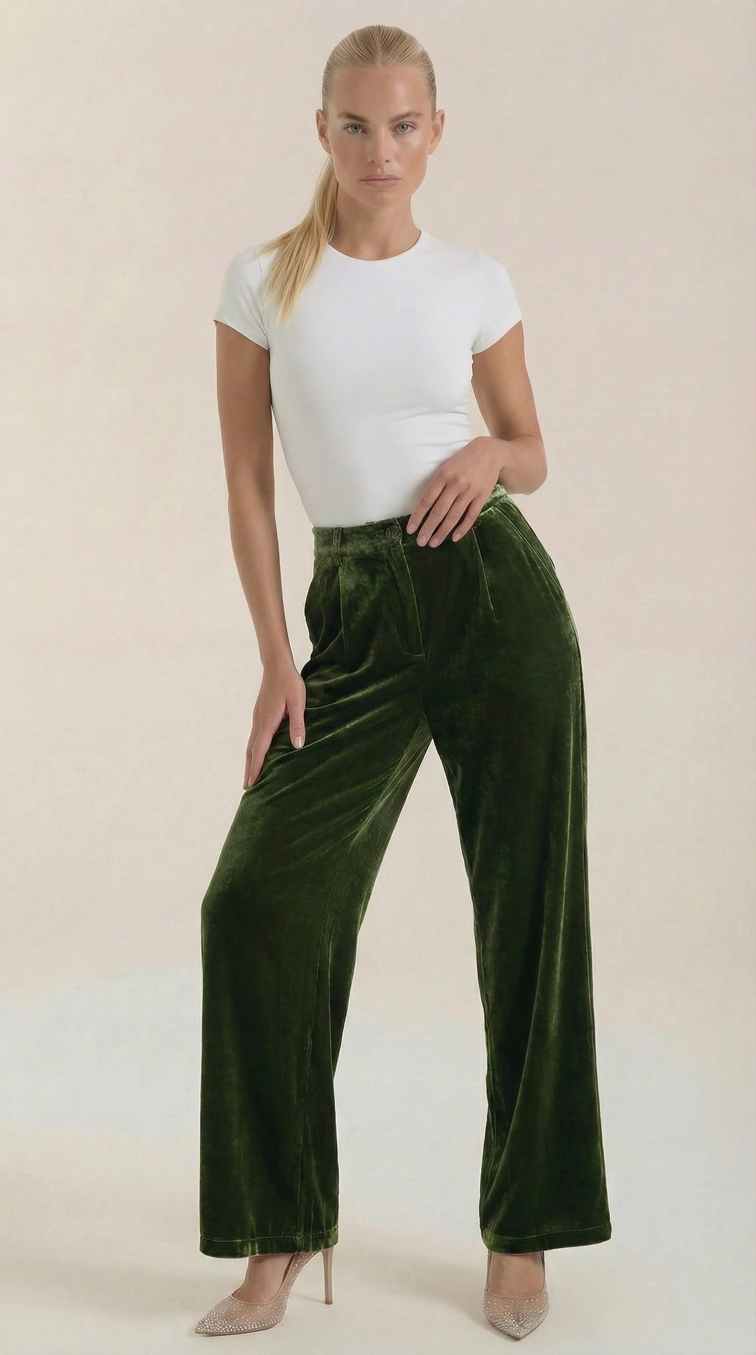 Dark green velvet wide-leg pants with elastic waist and relaxed fit