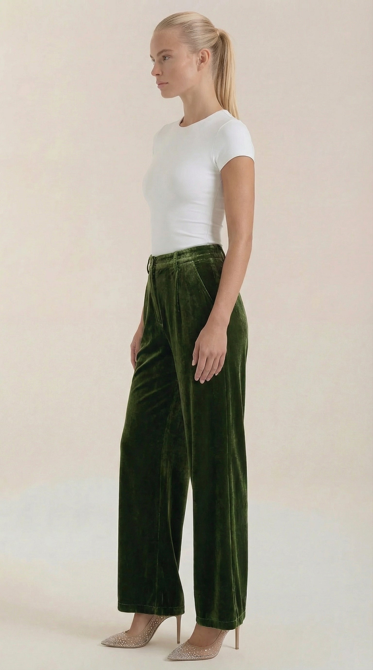 Dark green velvet wide-leg pants, side view, elastic waistband and wide legs