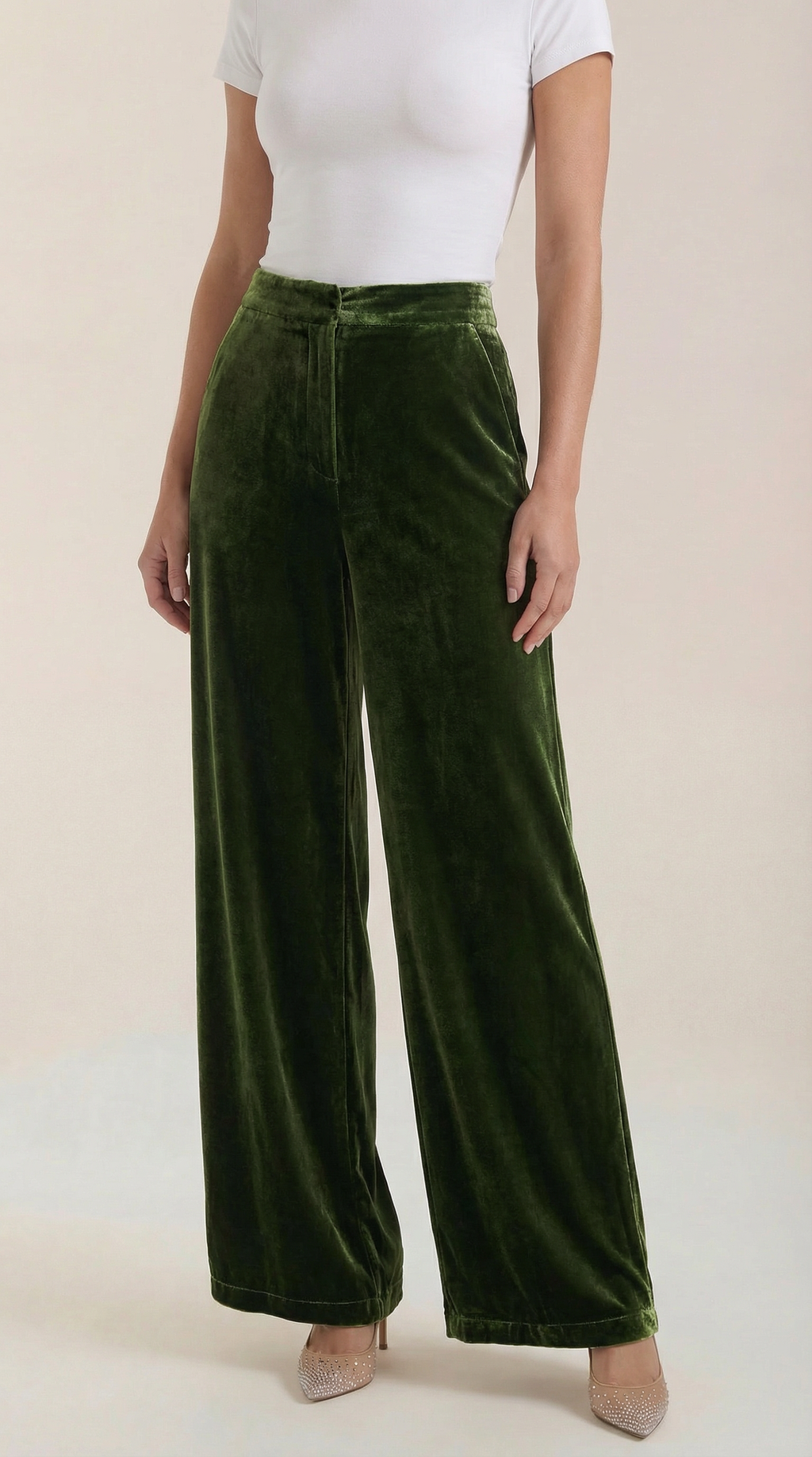 Dark green velvet wide-leg pants with gathered waist and vertical seams