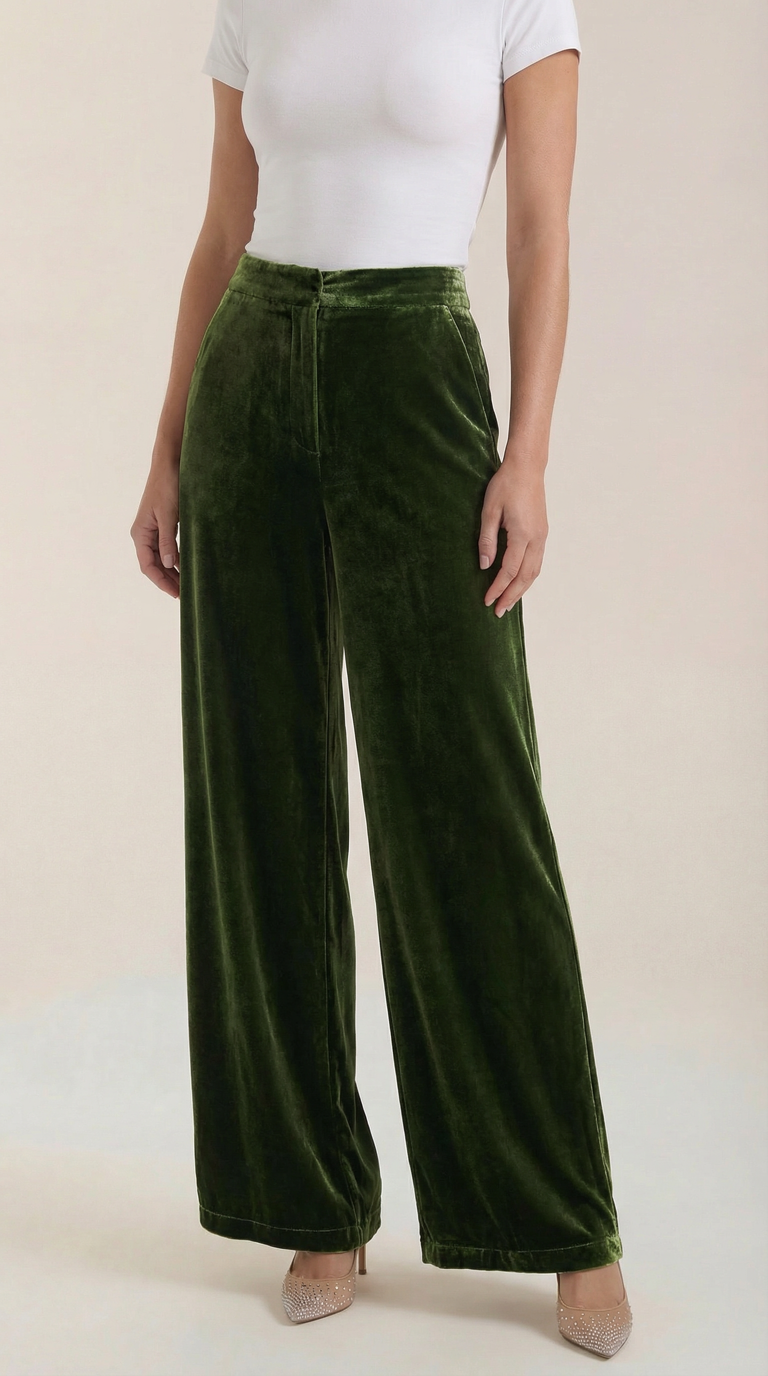 Dark green velvet wide-leg pants with gathered waist and vertical seams